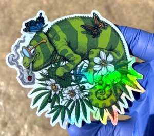 Marijuana Iguana Holographic Sticker Waterproof Vinyl Funny 420 Hippie Decal Art - Picture 1 of 2