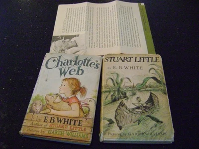 Two E. B. White 1st Eds HCDJ 1945 Stuart Little & 1952 Charlotte's Web & 4 Pg Ad Foto 1 de 4