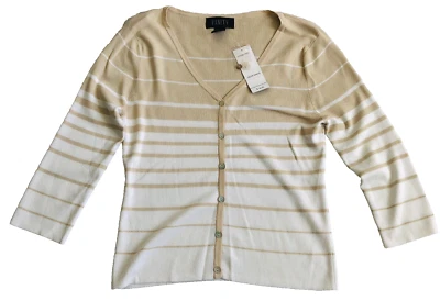 Cárdigan suéter Finity para mujer talla L blanco tostado a rayas cuello en V manga 3/4 nuevo con etiquetas Foto 1 de 4