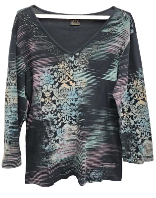 Katina Marie Womens Wearable Art Top Large Floral Embellished 3/4 Sleeve Casual - Image 1 of 4