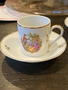Limoges France Fragonard Demitasse Cup Saucer White Gold Floral Courting Couples - Picture 1 of 5