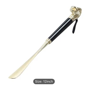 New Long Metal Shoe Horn Schima Wood Handle Solid Brass Lion Head 12 In Brown - Picture 1 of 6