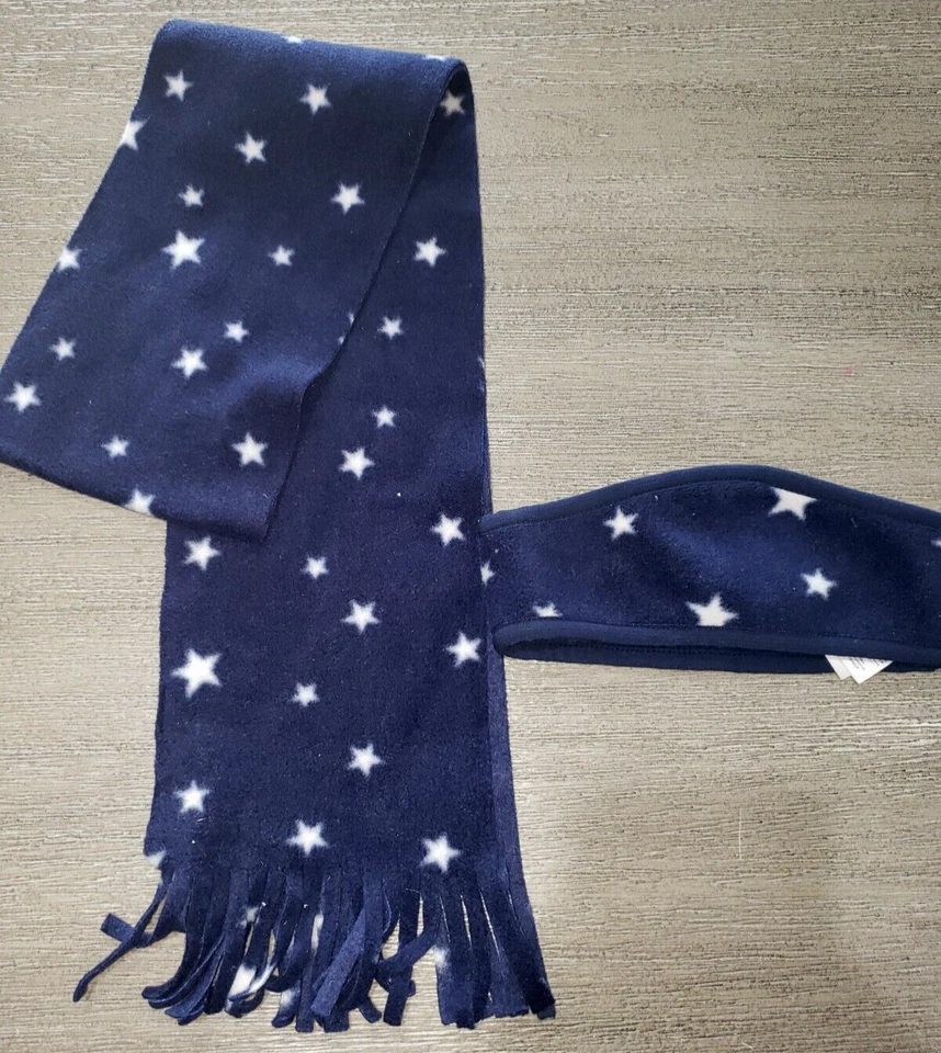 JUEGO DE 2 PIEZAS BUFANDA DIADEMA ESTRELLAS AZUL MARINO BLANCO NIÑAS talla pequeña ¡SUAVE! Foto 1 de 1