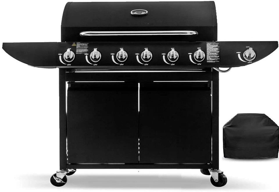 6+1 Gas Burner Garden Grill BBQ Barbecue Side Burner & Storage - Black + Cover - Image 1 of 4