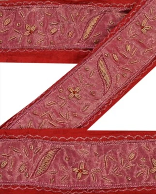 Sanskriti Vintage Sari Border Hand Embroidered Craft Trim Lace 1Yd Pure Silk Red - Image 1 of 4