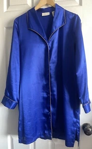 EUC Lord & Taylor Nightgown Sz S Satin Button Collar Electric Blue Gold Piping - Picture 1 of 16