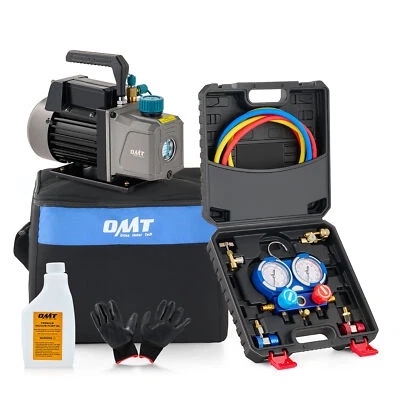 Juego de bomba de vacío y medidor de CA OMT R22 R404a R134 R410 kit de recarga de refrigerante 3,5 cfm Foto 1 de 4