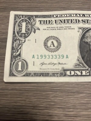 TRINARY HOT NUMBERS 9's & 3'S  also a date 1993 (19933339) 2021 $1 dollar bill - Image 1 of 4