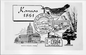 Cartolina collage RPPC Kansas KS Capital Building W Meadowlark B&W non spedita - Foto 1 di 2