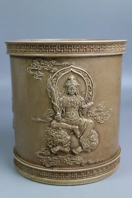 Hermosa olla de cepillo china beige esmalte porcelana tallada patrón Guanyin Foto 1 de 4