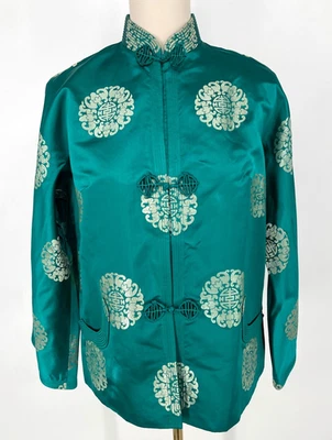 复古亚洲女式 M 码翡翠绿色丝绸刺绣夹克中式领 — 第 1/4 张图片