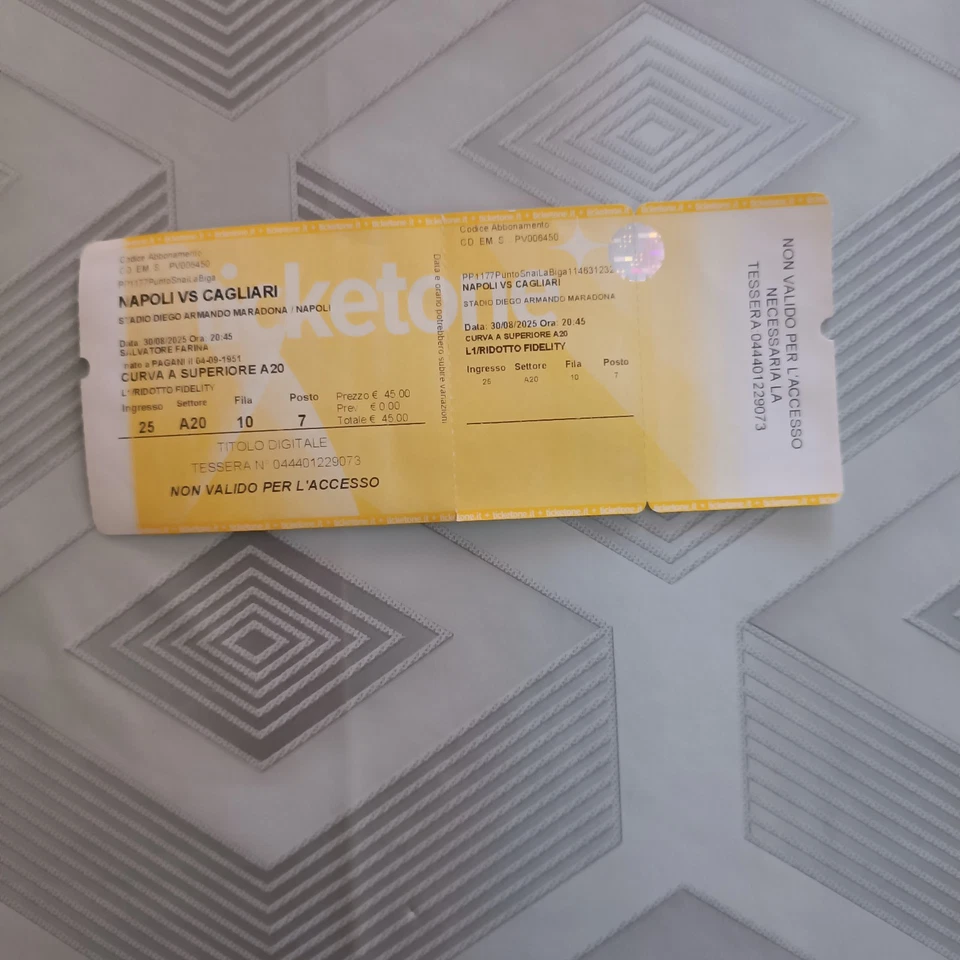 BIGLIETTO " NAPOLI-CAGLIARI " - 30/08/ 2025 - CURVA A SUPERIORE A 20 - USATO - - Immagine 1 di 1