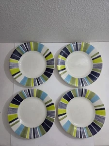 Pottery Barn Striped Sausalito Blue / Green Large Dinner Plate 12.25" Set of 4 - Picture 1 of 5