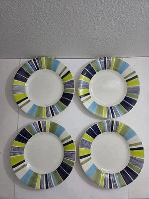 Pottery Barn Striped Sausalito Blue / Green Large Dinner Plate 12.25" Set of 4 - Image 1 of 4