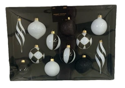 Robert Stanley Glass Christmas Ornament Boxed Set of 12 Black White Gold New - Image 1 of 4