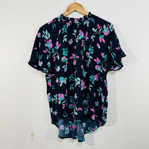 Elm Floral Blouse Dark Blue Hot Pink Green Top Relaxed Fit Curved Hem - Foto 1 di 17