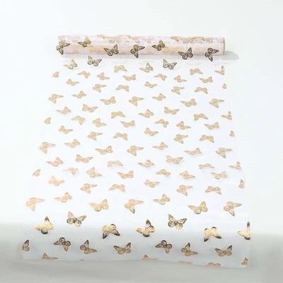 5 White Gold Sheer Organza Table Runners Metallic Foil Butterfly Motifs Party - Image 1 of 4