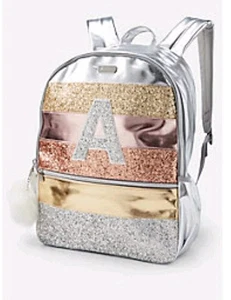 Zaino Justice Full Size A Iniziale Glitter Stripe Oro Argento Pom Pom Nuovo - Foto 1 di 3
