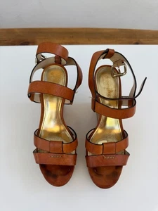 Coach Tan Leather Cork Wedge Sandals With Gold Details Size 8 - Picture 1 of 13