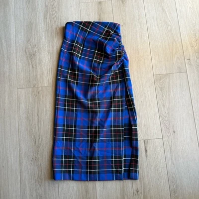 Falda larga para mujer Zara XS azul a cuadros acanalada abertura alta falda elástica Foto 1 de 4