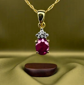VINTAGE- 10K Gold -Natural Burmese Ruby & Diamond Necklace -18"- Solitaire - 1g - Picture 1 of 24