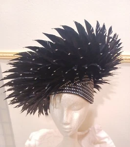 Jack mcconnell Vintage Hat Wool  BLACK Feathers, R-stones On The Tips. Gorgeous  - Picture 1 of 10
