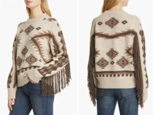 POLO RALPH LAUREN 100% Wool Tan Brown Tribal Western Fringes Knit Sweater Sz S - Picture 1 of 9