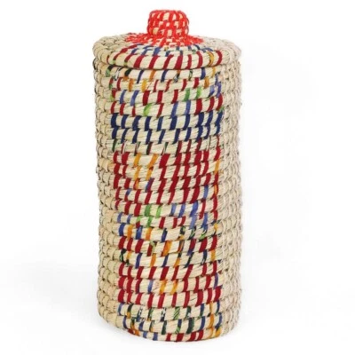 Tall Eco Friendly 34 x 18cm Storage Basket With Lid Straw Natural Handmade woven - Image 1 of 4