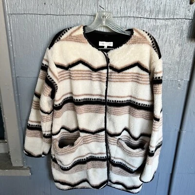 Lou & Grey Loft 女式小号夏尔巴泰迪夹克象牙色黑色纽扣口袋 — 第 1/4 张图片