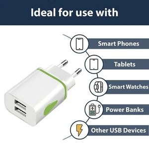 Adaptador de enchufe USB doble de 2 pines a la UE - Paquete de 2 cargadores de viaje adaptador europeo Euro - Imagen 1 de 15