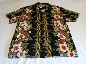 RJC Mens Size Large Black Surf Rock Cotton Hawaiian Shirt Made Hawaii USA - Picture 1 of 6