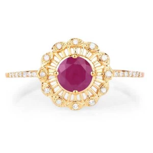 14k Yellow Gold Natural Ruby and Diamonds Gemstone Halo Women Engagement Ring - Picture 1 of 4
