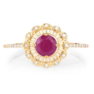 14k Yellow Gold Natural Ruby and Diamonds Gemstone Halo Women Engagement Ring - Image 1 of 4