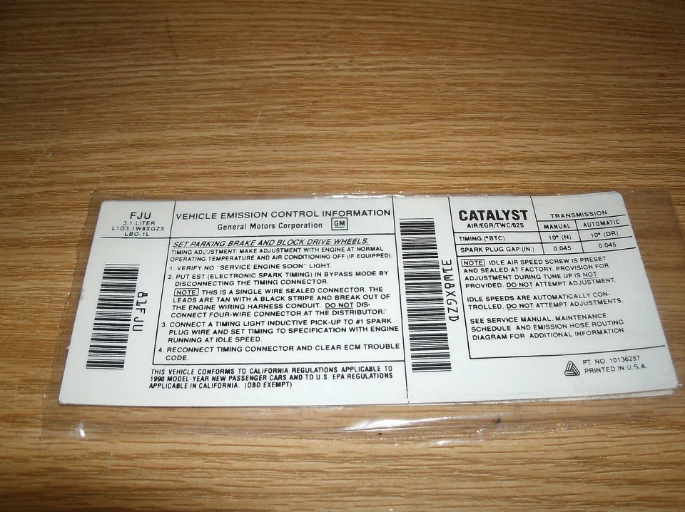 1990 PONTIAC FIREBIRD GRAND AM GRAND PRIX TRANS SPORT 3.1L EMISSIONS DECAL MANUA - Image 1 of 1