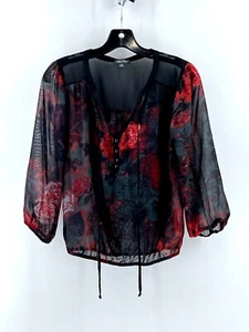 Lily Rose Women's Black Floral Sheer 1/2 Button V Neck Shirt Top Blouse Size XS - Picture 1 of 9