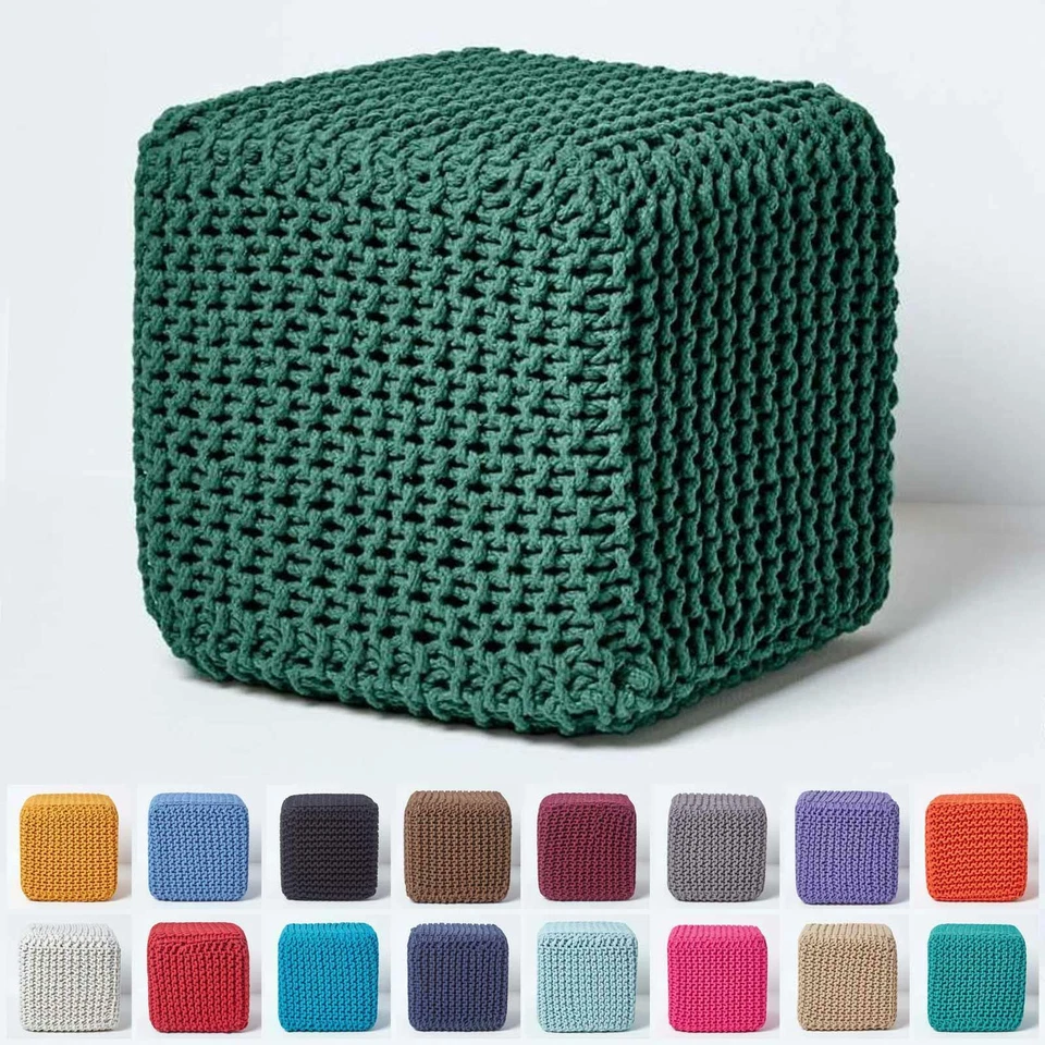 Cotton Knitted Pouffe & Footstool Cube Square Chunky Ottoman Stool - Image 1 of 1