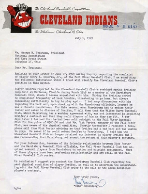 Hank Greenberg Signed AUTO  letter on Indians letterhead Baseball HOF PSA/DNA - Image 1 of 2