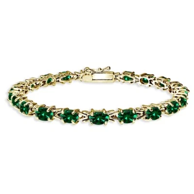 Gold Tone over Silver Simulated Emerald 6x4mm Oval-cut Link Tennis Bracelet - Image 1 of 3