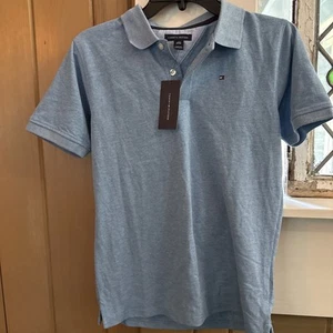 New TOMMY HILFIGER Polo Shirt Flag Logo Blue Boys Youth Size Large L (16/18) NWT - Picture 1 of 3