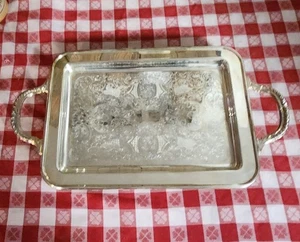 Vintage 14”x 10” versilbert Fuß Serviertablett mit Griffen (20" mit Griffen - Bild 1 von 7