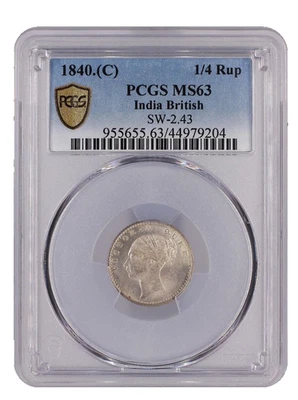 British India, 1840 Victoria, Quarter Rupee. PCGS MS 63. Continuous Legend. - Image 1 of 4