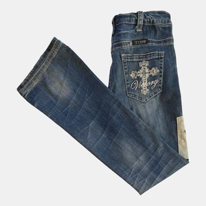 Pantalones de mezclilla vaquera Tuff talla W31 L37 Wild Victory bordados elásticos corte bota azul - Imagen 1 de 15
