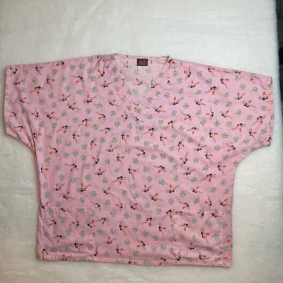 Pink Panther Women’s Scrub Top XL Pink Cool Cat Cotton Short Sleeve - Image 1 of 4