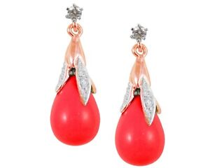 9ct Rose Gold Red Coral & Diamond Briolette Drop Dangling Stud Earrings UK Made