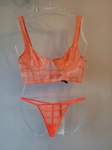 Urban Outfitters OFU Geo Mesh Peach Bustier Bra & Pink Thong Set. Large UK 12-14 - Picture 1 of 12