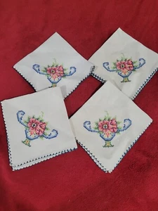Vintage Cross Stitch Linen Napkins 4 Hemstitched 10 X 10 Sq Tea Coffee Luncheon - Picture 1 of 11