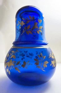 Antique Bohemian Handblown Crystal Cobalt Blue Tumble Up Bedside Decanter & Cup - Picture 1 of 11