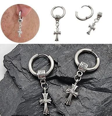 Orecchini a cerchio in acciaio inox con croce stilizzata cerchietti  uomo donna - Immagine 1 di 4