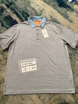 全新带标签 Walter Hagen 蓝色/橙色会所 19 孔高级高尔夫 Polo 男式 XL 码 — 第 1/4 张图片