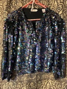 ANDREA HABER Knit Sweater SZ M, Aroura Borealis Iridescent All Over Sequins Wool - Picture 1 of 11